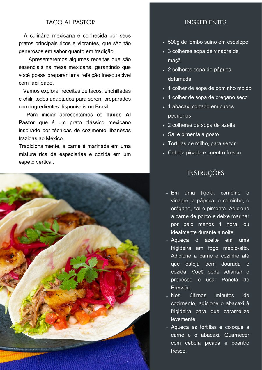 Página do ebook com a receita de Tacos Al Pastor